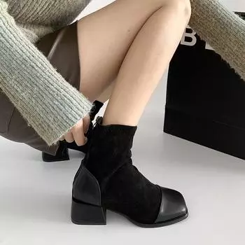 Fashion temperament Beige retro square head thick heel short boots women s 2025 new summer versatile French heightening Martin boots 35 чёрный
