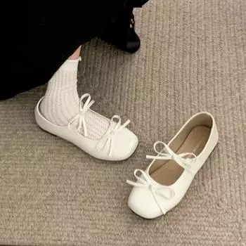 Fashion temperament bow flat-bottomed small leather shoes women s 2025 new spring with skirt soft-soled Mary Jane single shoes 35 чёрный