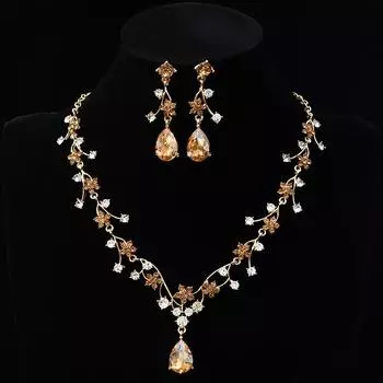 Fashion Temperament Flower Zircon Super Flash Necklace Earrings Set Bridal Dress Necklace Jewelry