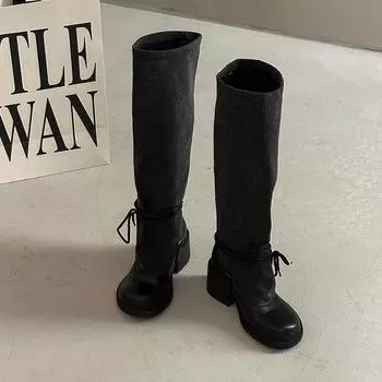 Fashion temperament High sense straps Skinny boots Women s autumn and winter splicing thick heel high heel boots Knight boots 35