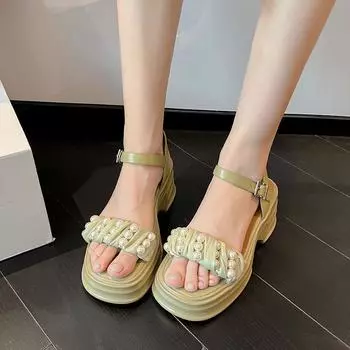 Fashion Temperament Sandals 2024 Summer New Beaded Versatile Simple Thick Sole Elevated Women s Comfortable Single Shoes 35 бежевый