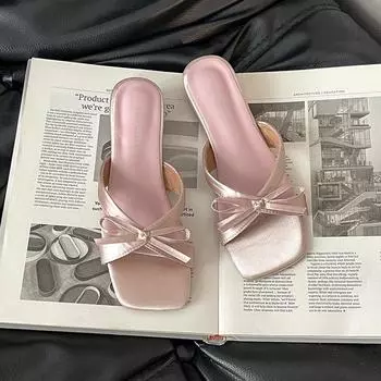 Fashion temperament sweet bow low heel cool slippers women s summer new one-pedal sandals 35