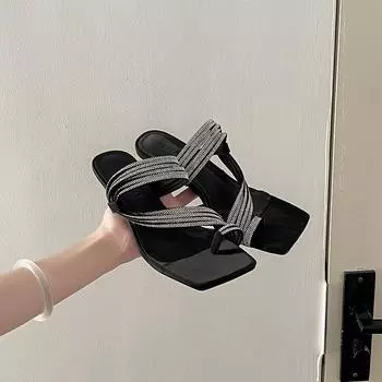 Fashion temperament Thin belt combination Versatile outer wear Casual sandals women s summer new temperament High heel cool slippers 35