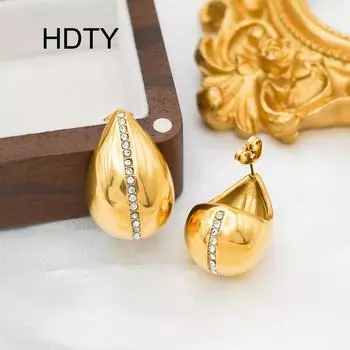 Fashion temperament titanium steel inlaid zircon water drop stud earrings plated with 18k gold personalized hip hop trend earrings золотой