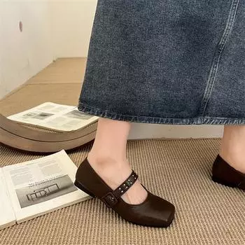 Fashion temperament Versatile square head flat bottom shallow mouth single shoes women s 2025 new spring and autumn soft sole Mary Jane small lea 35 чёрный