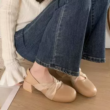 Fashion temperament white ballet style thick heel shallow mouth single shoes women s 2025 new spring and autumn round head with skirt small leather sh 35 бежевый