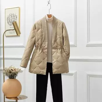 FASHION temperament white down jacket women s short 2024 new fashion light waist fairy small thin Clothes S хаки