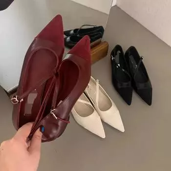 Fashion Temperament Women s Flats Mary Janes Shoes Three Color Pointed Toe Low Heels Ladies Vintage Simple Red Elegant Women Dress Shoes 34 красный