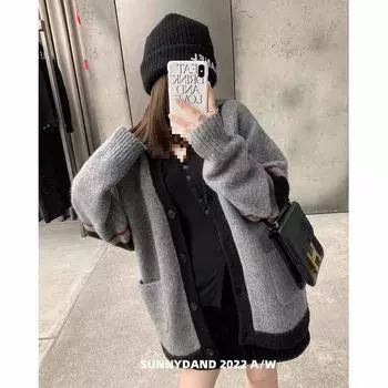 FASHION Texture Advanced College Style Knitted Sweater Jacket Loose V-Neck Cardigan Single-breasted Temperament Fried Street Top Clothes One size серый