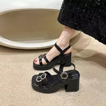 Fashion Thick and Thin with New Sandals Waterproof Platform Thick Open Toe Line with Metal Buckle Women s Shoes 35 чёрный