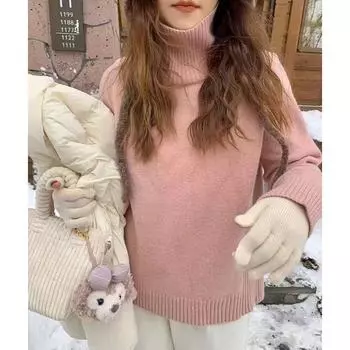 Модный толстый трикотажный свитер с длинным рукавом и воротником-стойкой для женщин, осенне-зимний, свободного кроя, облегающий, базовый свитер, топ, женский элегантный повседневный джемпер 25442 One Size синий