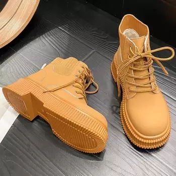 Fashion Thick Sole Boots Women s 2024 Autumn/Winter New Vintage High Top Lace Up Casual Shoes Fashion Knitted Short Boots Women Shoes 35 жёлтый