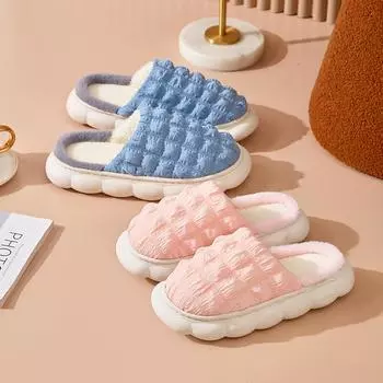 Fashion Thick Sole Home Outside Women and Men Slides Winter Home Warm Fluffy Slippers Fashion Plaid Cotton Shoes Couples Indoor Slippers 36-37 жёлтый