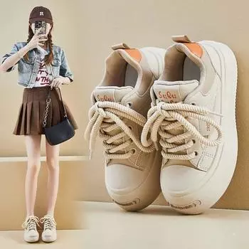 Fashion Thick Soled Casual Women s Shoes New Solid Color Trend Round Toe Daily Lace Up Vulcanized Shoes Sneakers Women Luxury 35 хаки