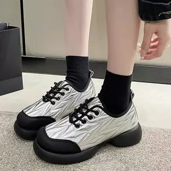 Fashion Thick-soled Fashion Heightened Casual Shoes Four Seasons Wearable Breathable Round Toe Lace-up Thick-soled Casual Shoes 35 чёрный