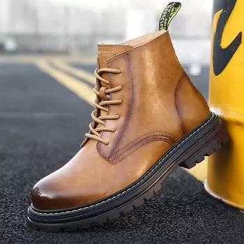 Fashion thick-soled Martin boots men s autumn high-top tooling short boots fleece warm soft-soled boots tide 38 чёрный