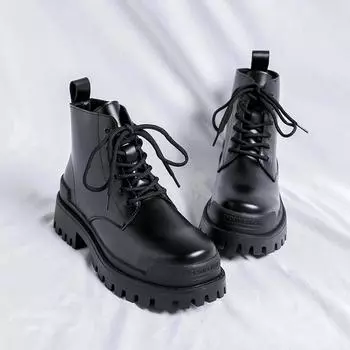 Fashion Thick Soled Men Boots PU Lace Up Round Head High Cut Fashionable British Business Casual Boots Anti Slip Motorcycle Boots 38