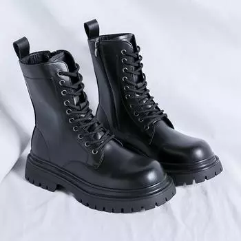 Fashion Thick Soled Platform Men Genuine Leather Boots Luxury Designer Round Toe High Top Boots Fashion Trends Street Side Zipper Shoes 38 чёрный