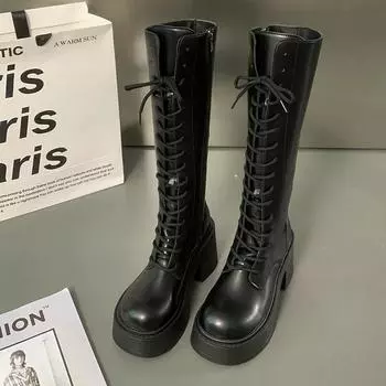 Модные панк-сапоги на толстой подошве, женские сапоги до колена, новый стиль 2024 года, универсальные, однотонные, модные, кожаные, осень и зима 35 бежевый