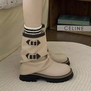 Fashion Thick soled retro British style boots for women s summer 2024 new zippered leg boots with thick heels and short boots 35 хаки