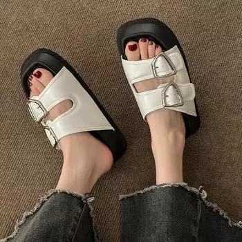 Fashion Thick Soled Roman Sandals Women s 2024 Summer New Fashion Flat Bottomed Anti Slip Slippers Womens Retro Beach Flip Flops Female 35 белый