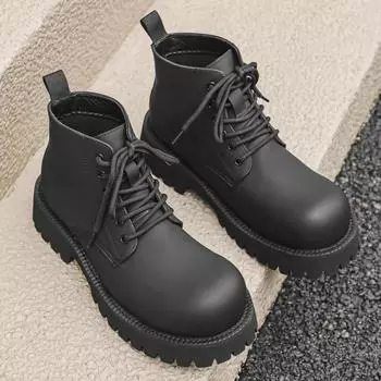 Fashion Thick Soled Round Headed Wear-resistant Work Boots Winter Velvet Lace Up Outdoor Ankle Boot Business British Style Leather Shoes 38