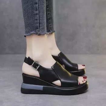 fashion Thick-soled Wedge Sandals Women 2024 New Summer High-heeled Fish Mouth Women s Shoes Soft Leather High Platform Shoes Slippers 35