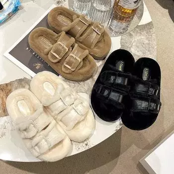 Модные белые пушистые тапочки на толстой подошве для женщин, носящих маффины, женские, новинка 2024 года, пряжка на ремне, плюс флис, хлопок, драг 35 хаки