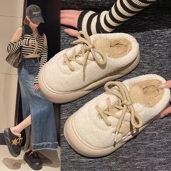 fashion Thick-soled Women s Plush Slippers Winter New Lace-up Warm Slippers Indoor Home Casual Cotton Shoes for Women 36-37 бежевый