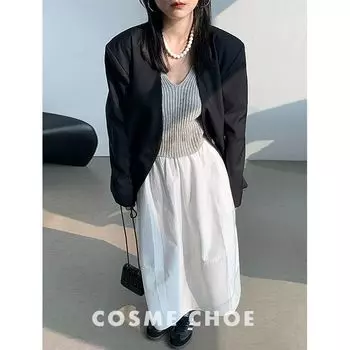 Fashion Three-Dimensional White Mid-Length Elastic Waist Umbrella Skirt White Dress XL