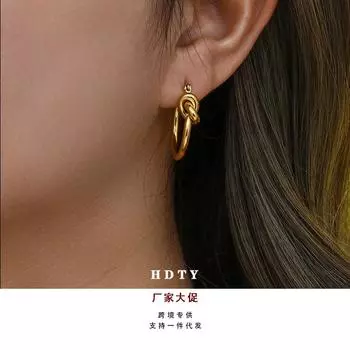 Fashion titanium steel plated 18K gold stud earrings, new simple light luxury rope knotted earrings for women золотой