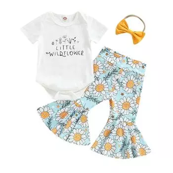 FASHION Toddler Girls Clothes, Short Sleeve Round Collar Letters Romper Tops Bell-Bottoms Pants Casual Head Band Outfits 0-6 Months белый