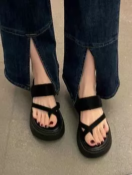 Fashion toe flip-flops women s summer new versatile muffin thick-bottomed non-slip slippers women wear versatile tide 35 чёрный