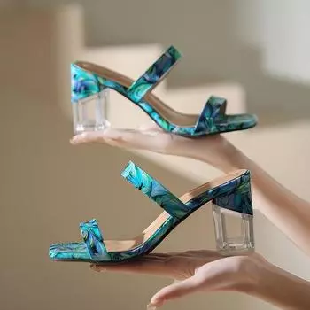 Fashion Transparent Crystal Heel Slippers Women s 2024 Summer New Large Square Head Slippers with Pattern 35 белый