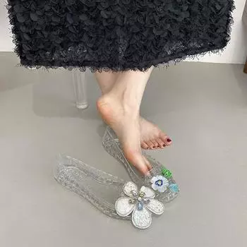 Fashion transparent crystal shoes new jelly shoes hollow single shoes women s summer casual sequins flower square head sandals 36
