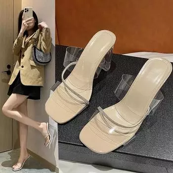 Fashion Transparent High Heel Sandals Women s Summer Crystal Shoes Square Head Thick Heel Sandals Women s Outerwear 2024 New Fashionable 35