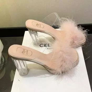 Fashion transparent high-heeled one-word sandals 2025 new high-end fairy wind fluff slippers female summer wear 35