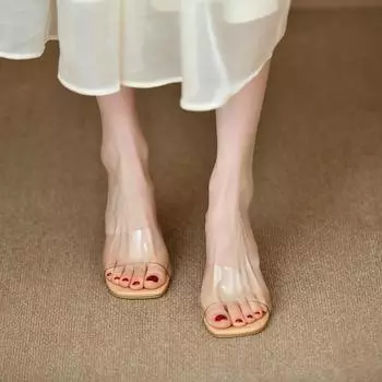 Fashion transparent high heels 2024 summer new fashion net red outer wear slippers crystal thick heel sandals women s foreign trade 35 абрикосовый