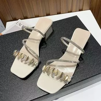 fashion Transparent PVC Women Slippers Fashion Chunky High Heels 6cm Shoes Summer Female Black Mules Slides Roman Sandals Pantuflas 34 синий