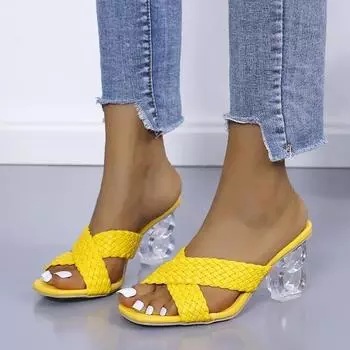 fashion Transparent Strange High Heels Sandals Women Summer Plus Size 35-43 Weave Female Slippers Fashion Yellow Open Toe Slides 36 жёлтый
