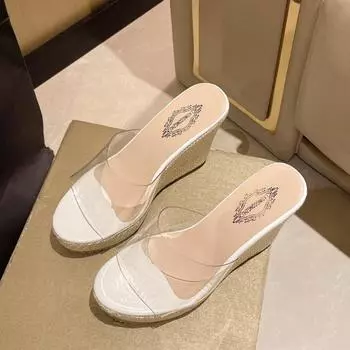 Fashion transparent with wedge heels slippers summer woven bottom waterproof table women s shoes high-end one-word 35