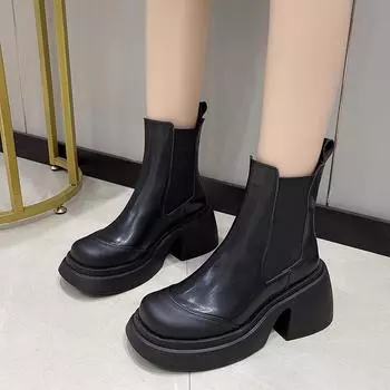 Fashion trend black British style thick heel thick-soled Martin boots women s 2025 new spring and autumn height-increasing and thin short boots 35 чёрный