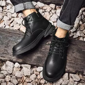 Fashion Trend Men Boots High Quality British Style Fashion Boots Winter Plus Velvet Warm High-top Mens Casual shoes Black Leather Boats 38
