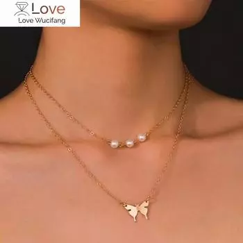 Fashion Trend Personality Double Layer Imitation Pearl Butterfly Pendant Necklace Clavicle Chain Party Jewelry Exquisite Gifts