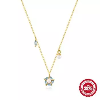 Fashion Trend S925 Sterling Silver Shallow Sea Blue Horse Eye Zircon Spliced Into Snowflake Pearl Small Fresh Necklace 925 silver золотой