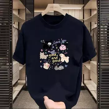 Fashion trend short sleeve couple cartoon animal print five-quarter sleeve top loose matching T-shirt M