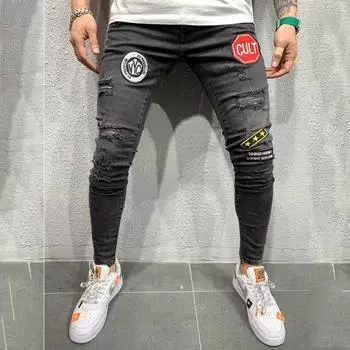 Fashion Trend Skinny Jeans Men s Hole Embroidery Washed Jeans Hip Hop Casual Pants S синий