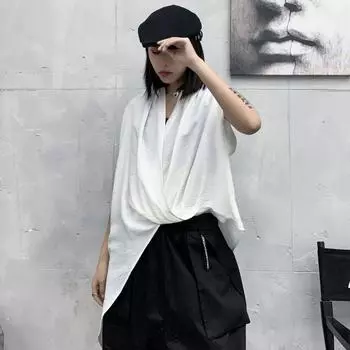 Fashion Trendy 2025 Summer Wear New Arrival Pullover Short-Sleeved T-shirt Women s Dark Series Stylish Irregular Top Deep V Neck T White All yards