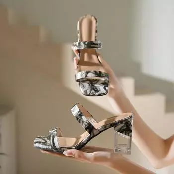 Fashion Trendy and Elegant High Heel Slippers 2024 Summer New Square Head One Line with Flower Colored Luxury Crystal Heel Slippers 35 красный