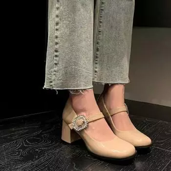 fashion Trendy Fashion 2024 Spring New Style Shallow Mouth Round Toe Thick Heel High Heel Women s Shoes Trendy and Versatile 34 чёрный